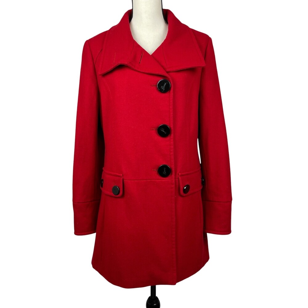 Guess Women's Coat Large Red Wool Blend Button Front Belted Back Jacket Y2K